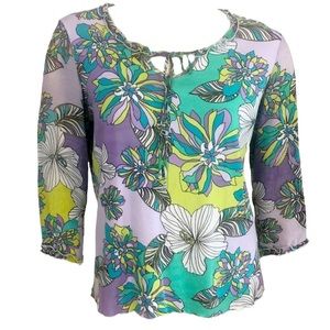 MULTIPLES Purple Green Yellow Psychedelic Floral Cotton Knit Keyhole Ruffle Top